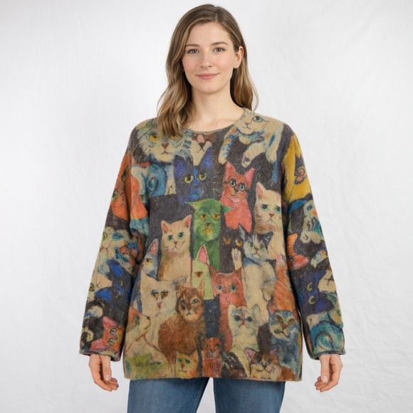 Sweaters - Women Colorful Cat All Over Print Wool Blend Fuzzy Knit Sweater Crewneck Multi